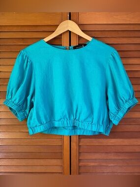 Broadway 38 Top Womens Size Large 100% Linen Turquoise Teal Cropped Shirt Blouse